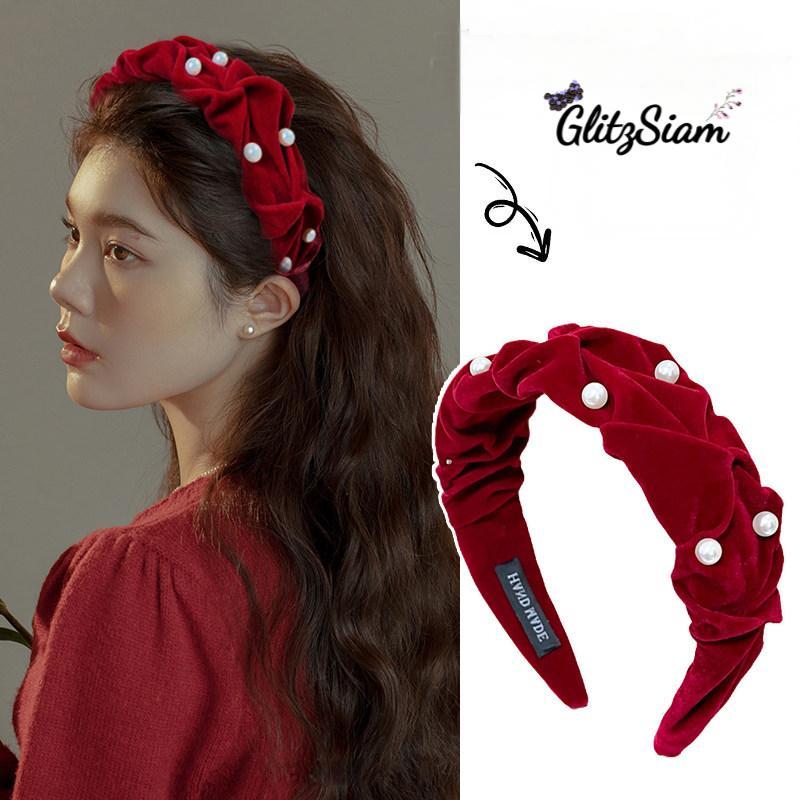 Glitzsiam🎀🎀ที่คาดผมประดับมุกสไตล์วินเทจ เครื่องประดับผมสำหรับผู้หญิงในเทศกาลปีใหม่ สองสี ประดับด้วยมุก ทันสมัยและลำลอง.