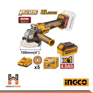 INGCO เครื่องเจียร์ไร้สาย 20 โวลต์ 4 นิ้ว รุ่น CAGLI261021 (900W) ครบชุด