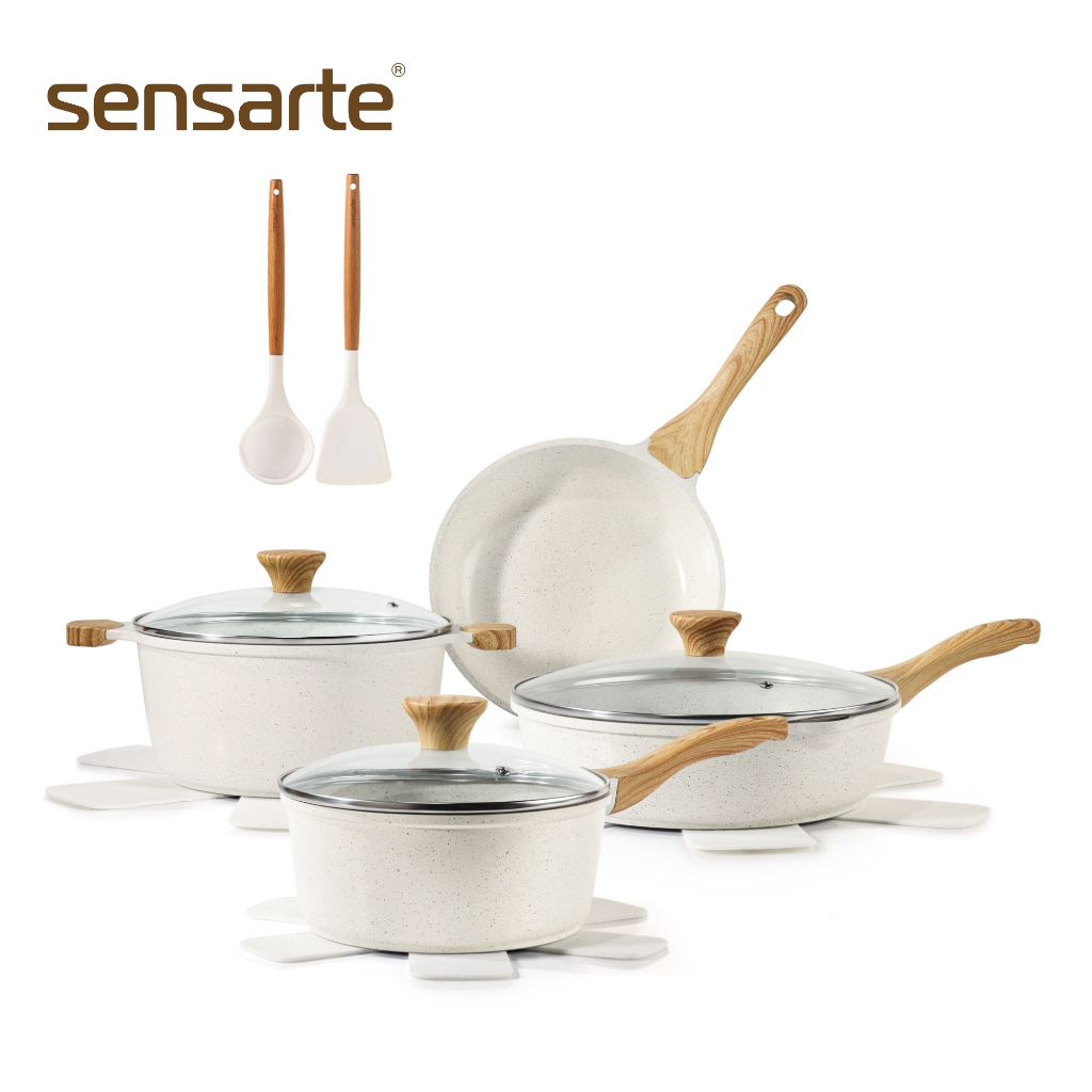 SENSARTE ชุดเครื่องครัวอายุยืน 13 ชิ้น หม้อและกระทะเคลือบเซรามิกกันติด Non-Stick ปลอดสาร ใช้ได้กับเตาทุกประเภท