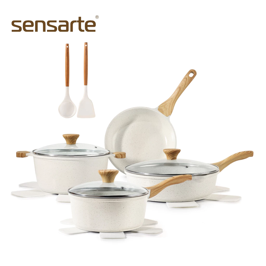SENSARTE ชุดเครื่องครัวอายุยืน 13 ชิ้น หม้อและกระทะเคลือบเซรามิกกันติด Non-Stick ปลอดสาร ใช้ได้กับเตาทุกประเภท