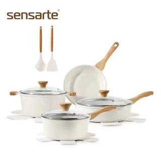 SENSARTE ชุดเครื่องครัวอายุยืน 13 ชิ้น หม้อและกระทะเคลือบเซรามิกกันติด Non-Stick ปลอดสาร ใช้ได้กับเตาทุกประเภท