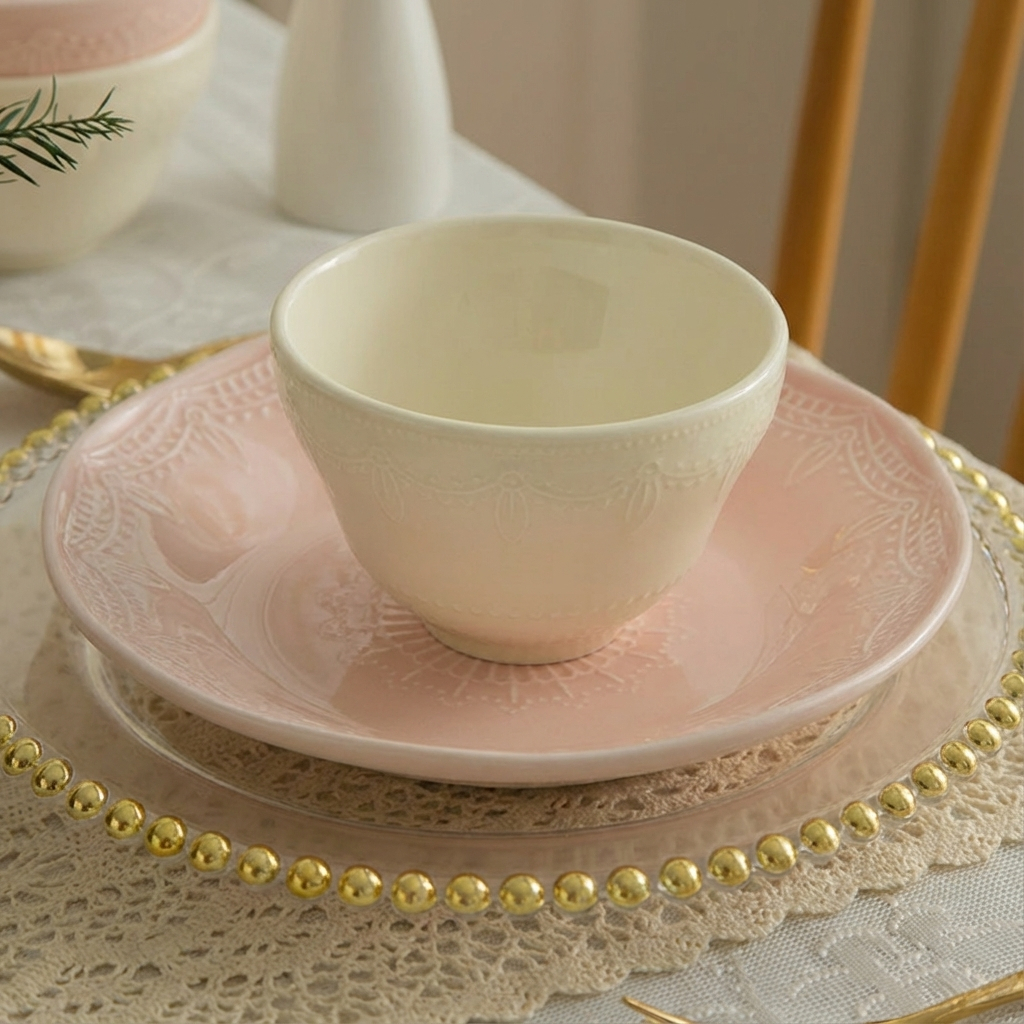 SunYoung ชุดจานชามเซรามิก🍽️ สไตล์ยุโรป ลายวินเทจ สีพาสเทล จานสเต็ก แก้วกาแฟ ของขวัญแต่งงาน กล่องหรู✨ - รูปที่ 4