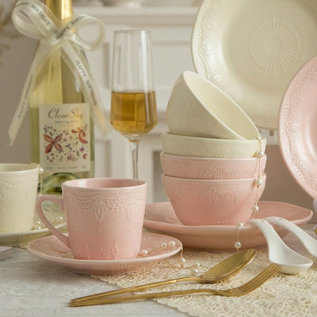 SunYoung ชุดจานชามเซรามิก🍽️ สไตล์ยุโรป ลายวินเทจ สีพาสเทล จานสเต็ก แก้วกาแฟ ของขวัญแต่งงาน กล่องหรู✨ - รูปที่ 5