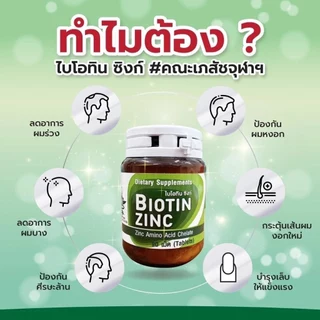 Biotin Zinc ไบโอทิน ซิงก์ พัฒนาและวิจัยโดย คณะเภสัช จุฬา ส่วนช่วยคงสภาพ เส้นผม และเล็บ บรรจุ 90 เม็ด