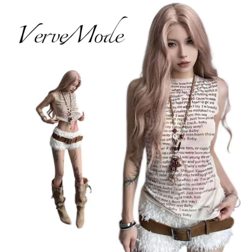 VerveMode.🍓จัดส่งในประเทศไทย🍓เสื้อกั๊กแขนกุดตาข่ายพิมพ์ลายตัวอักษรสไตล์สาวฮอตยุโรปและอเมริกาสำหรับผู้หญิงในช่วงฤดูร้อนที
