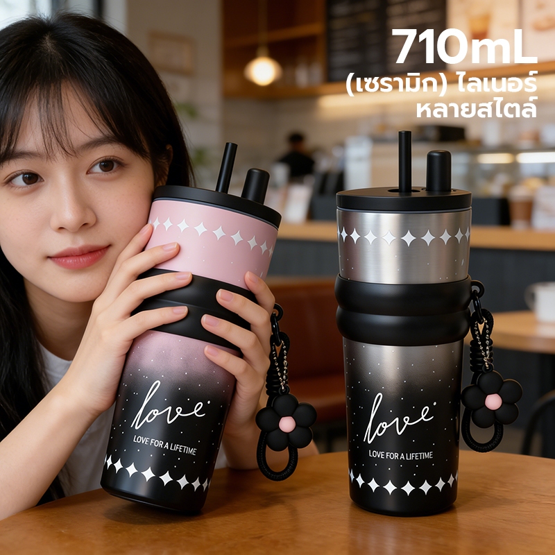 แก้วเก็บอุณหภูมิพรีเมียม ใหม่การ์ตูน ถ้วยรถยนต์แบบพกพา 710ML ความรู้สึกขั้นสูง ผนังด้านในเคลือบด้วยเซรามิก-271