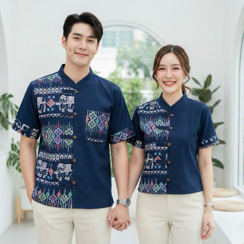 เสื้อพื้นเมืองคู่ ชาย/หญิง ทูโทนลายช้าง มีทั้งผู้ใหญ่และเด็ก