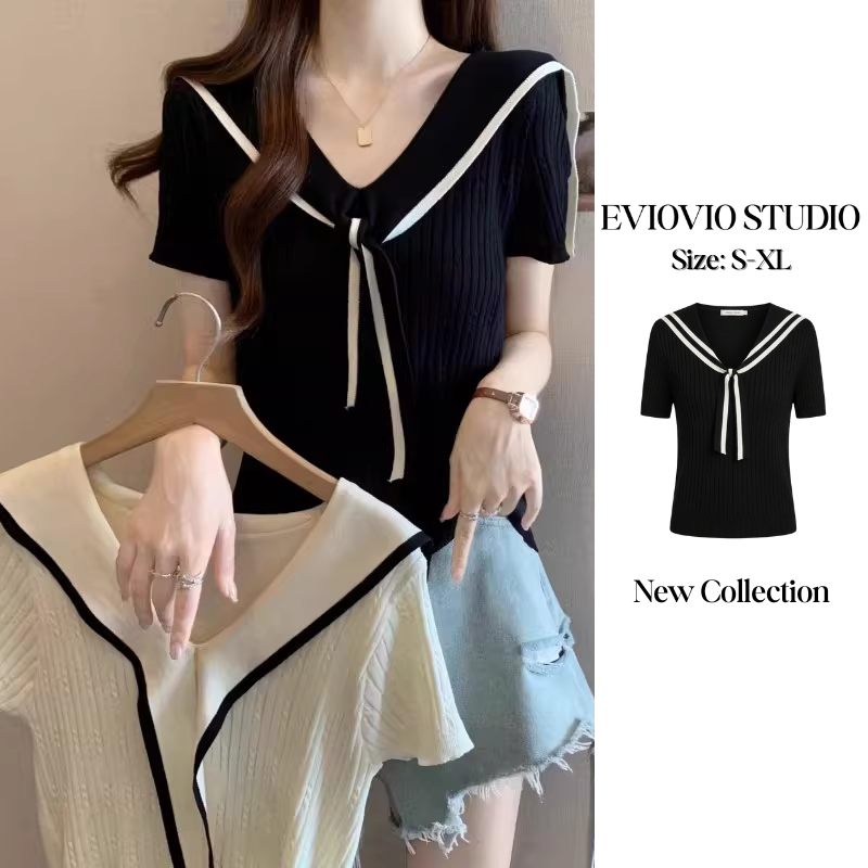 S-XL【EVIOVIO】เสื้อทูโทน คอซองด้านหน้าแบบผูกสุดชิค เสื้อสาวอวบ ไม่ตัน ใส่สบาย เสื้อพร้อมส่ง จากไทย 🎀