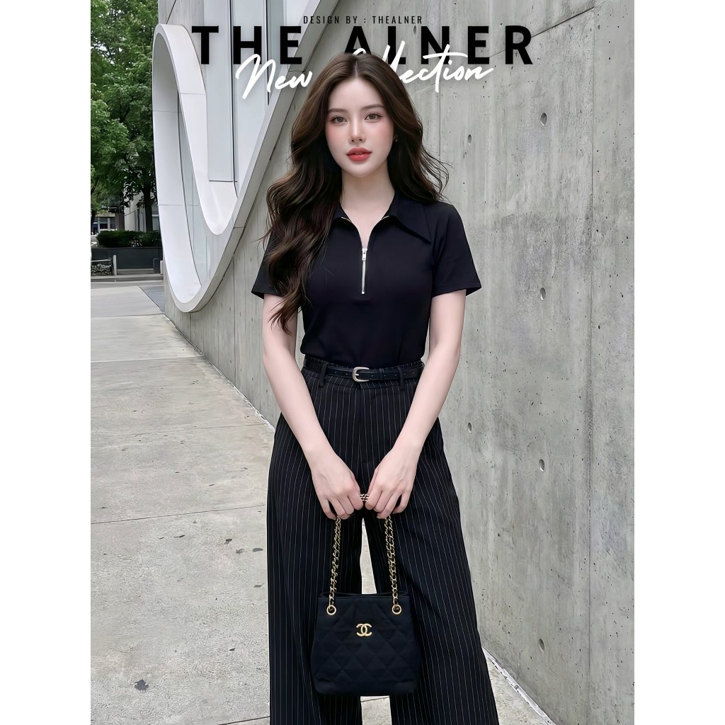 Thealner-AN660  (เซตเสื้อดำคอปกกางเกงขายาวลายริ้ว+เข็มขัด)