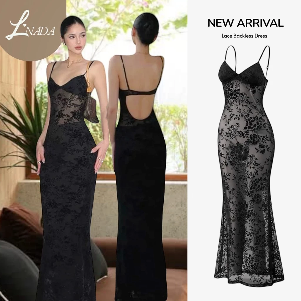 【L'NADA】Lace Backless Dress พร้อมส่ง เดรสยาวสายเดี่ยวลูกไม้ซีทรู โชว์หลัง มีซับใน