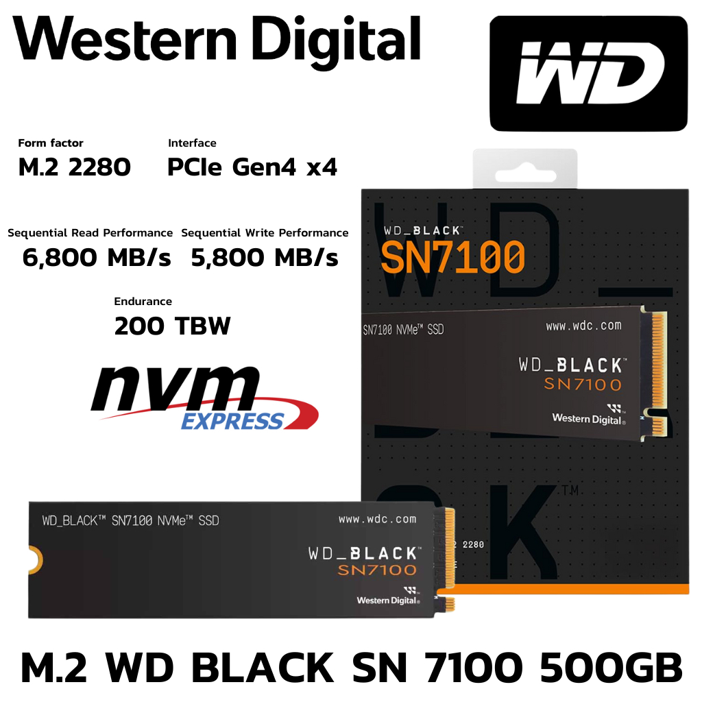 M.2 500 GB SSD (เอสเอสดี) WD BLACK SN7100 - PCIe 4x4 NVMe M.2 2280 (WDS500G4X0E)
