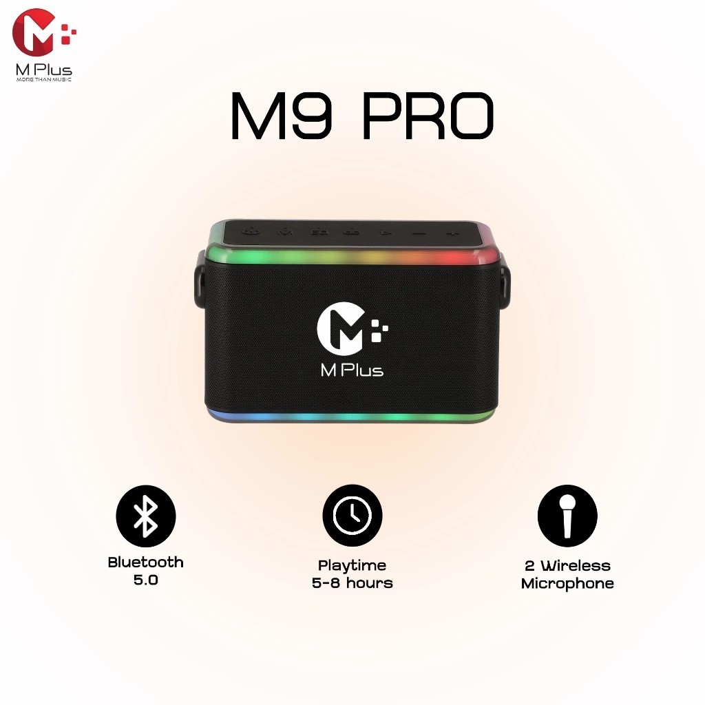 M9 PRO MPLUS ลำโพงบลูทูธ ไฟ RGB 60W พร้อมไมค์ลอยชาร์จได้ 2ตัว กันน้ำ IPX5 ประกันศูนย์ไทย 1ปี