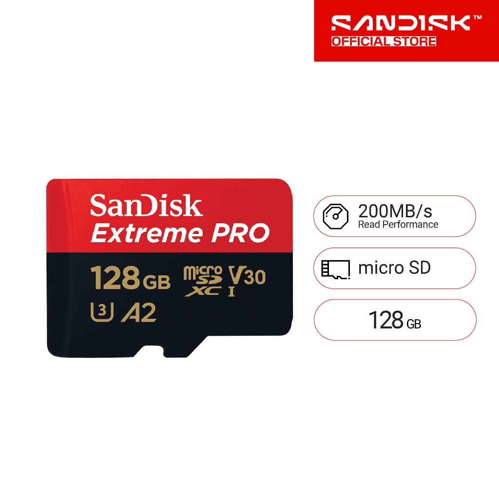 SanDisk Extreme Pro microSDXC 128GB  A2 (SDSQXCD-128G-GN6MA) ความเร็วสูงสุด อ่าน 200MB/s เขียน 90MB/