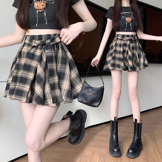 S~5XL Mini Plaid skirt สีน้ำตาล กระโปรงลายสก็อตเอวสูงสไตล์เกาหลีเรโทร กระโปรงสั้นทรงเอไลน์แบบไม่สมมาตรสุดเก๋ HOT