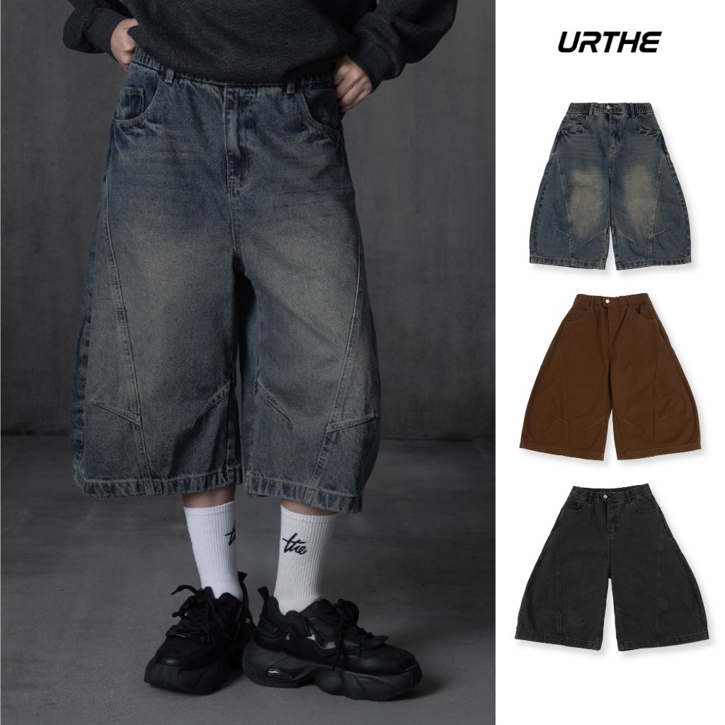 URTHE - กางเกงยีนส์ เอวยางยืด รุ่น V-CUT SHORTS