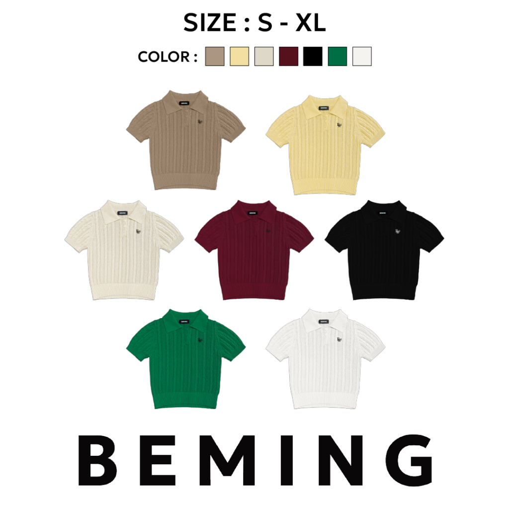 Bemingtop1108(S-XL)-BMG Cozy Knit Polo -เสื้อโปโลแขนสั้นลายถักเปียดีไซน์คอปกกระดุมหน้าปักโลโก้ BMG