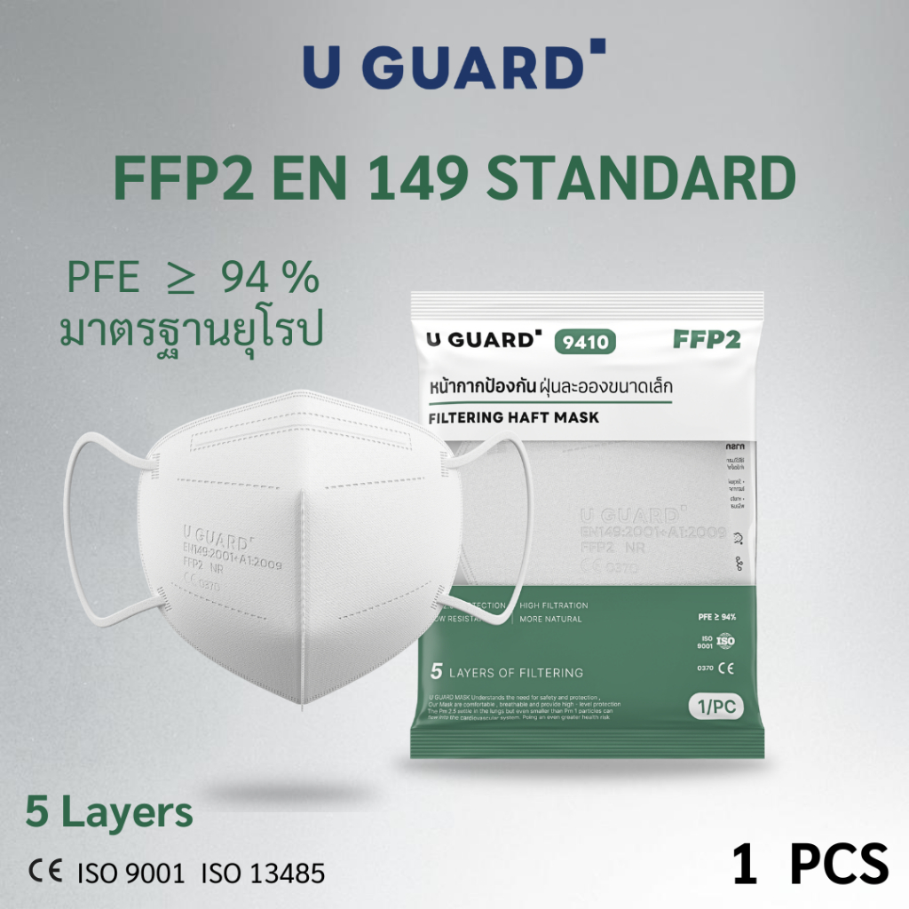 หน้ากากกันฝุ่น U GUARD FFP2 รุ่นหายใจสะดวก ผ้านุ่ม ป้องกัน PM 2.5 ควัน มลพิษในอากาศ ไม่รัดหู