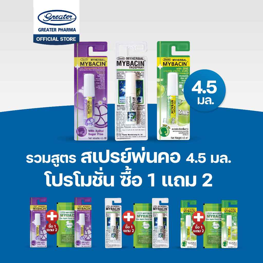 รวมสูตรสเปร์ยพ่นคอ 3สูตรโปร 1 แถม2 ขนาด 4.5 ml  MyBacin+เม็ดอมซิงค์Apple 1 ซอง