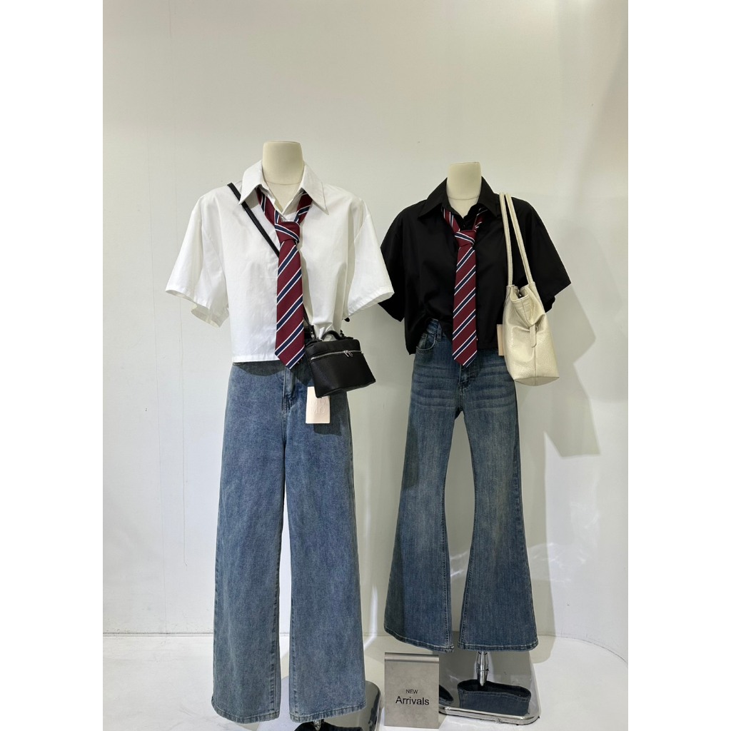 A1028 | เสื้อเชิ้ตผูกไท ลุคเท่มีสไตล์  เสื้อเชิ้ตแขนสั้น มาพร้อมดีเทลผูกไท