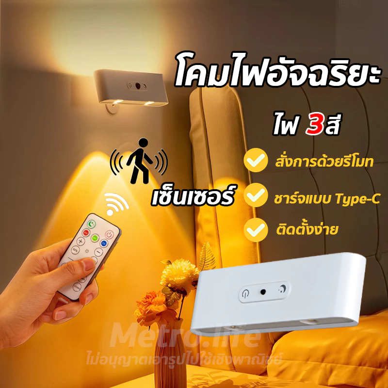 โคมไฟติดผนังLEDไฟกลางคืน พร้อมเซ็นเซอร์ ควบคุมด้วยรีโมท ชาร์จUSB ยึดติดด้วยแม่เหล็ก ไฟติดหัวเตียง