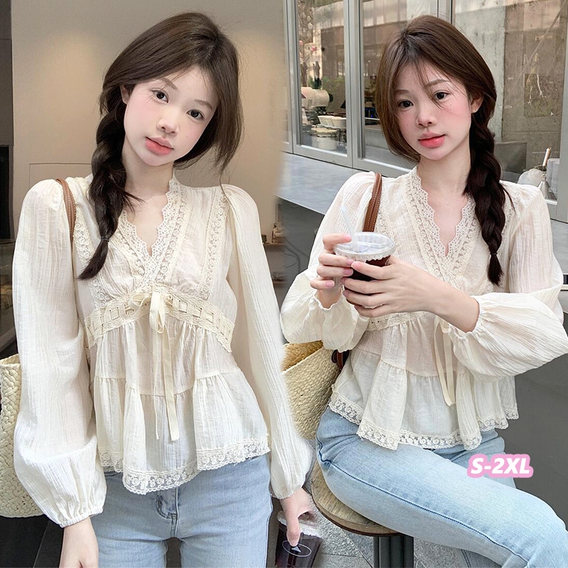 🌻Grace🌻เสื้อแขนยาวตัวนี้มีดีไซน์แบบสีตัดกันระหว่าง คอวีลึกประดับด้วยขอบลูกไม้รูปพัด และมีริบบิ้นผูกที่เอว 99299
