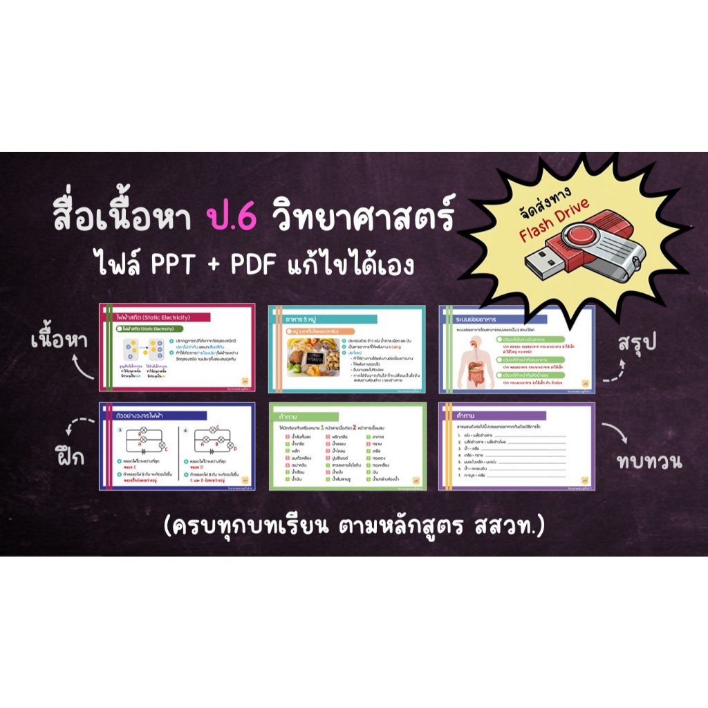 สื่อการสอนวิทยาศาสตร์ ระดับชั้น ป.6 รูปแบนไฟล์ Power Point + PDF แก้ไขได้ แก้ไขได้ จัดส่งทางแฟชร์ไดร์ฟ
