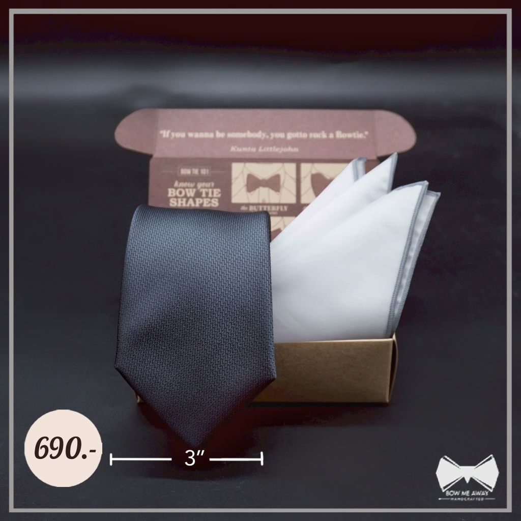 เซ็ทเนคไทModernGridสีเทาเข้ม+ ผ้าเช็ดหน้าสูท