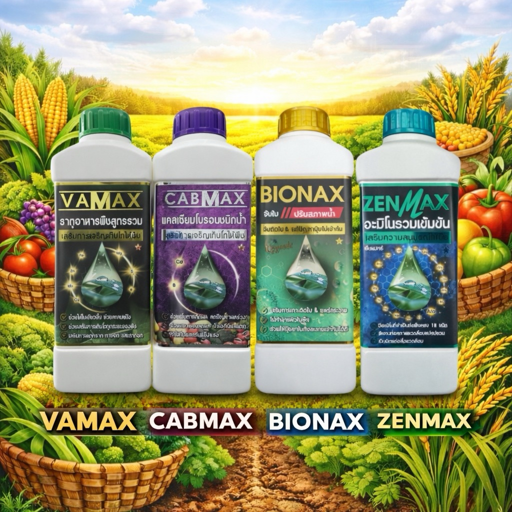cabmaxแคลเซียมโบรอน+vamaxธาตุรวม+zenmaxอะมิโน+bionaxสารจับใบปรับสภาพน้ำ (C1+V1+Z1+B1)