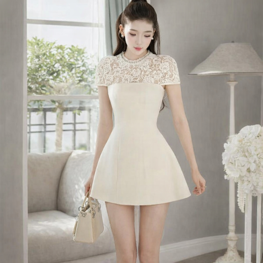 [LISA] A1294 ชุดเดรสกระโปรงคอกลมแต่งเพชรไข่มุกแขนลํ้าลูกไม้ซีทรู สวยหรูผู้ดีลุคคุณ ใส่ออกงาน งานมงตล