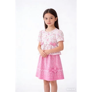 BB190 ชุดไทยเด็กผู้หญิง โทนชมพูหวาน ลายดอกไม้ + กระโปรงลายไทย มีโบว์ น่ารักมาก