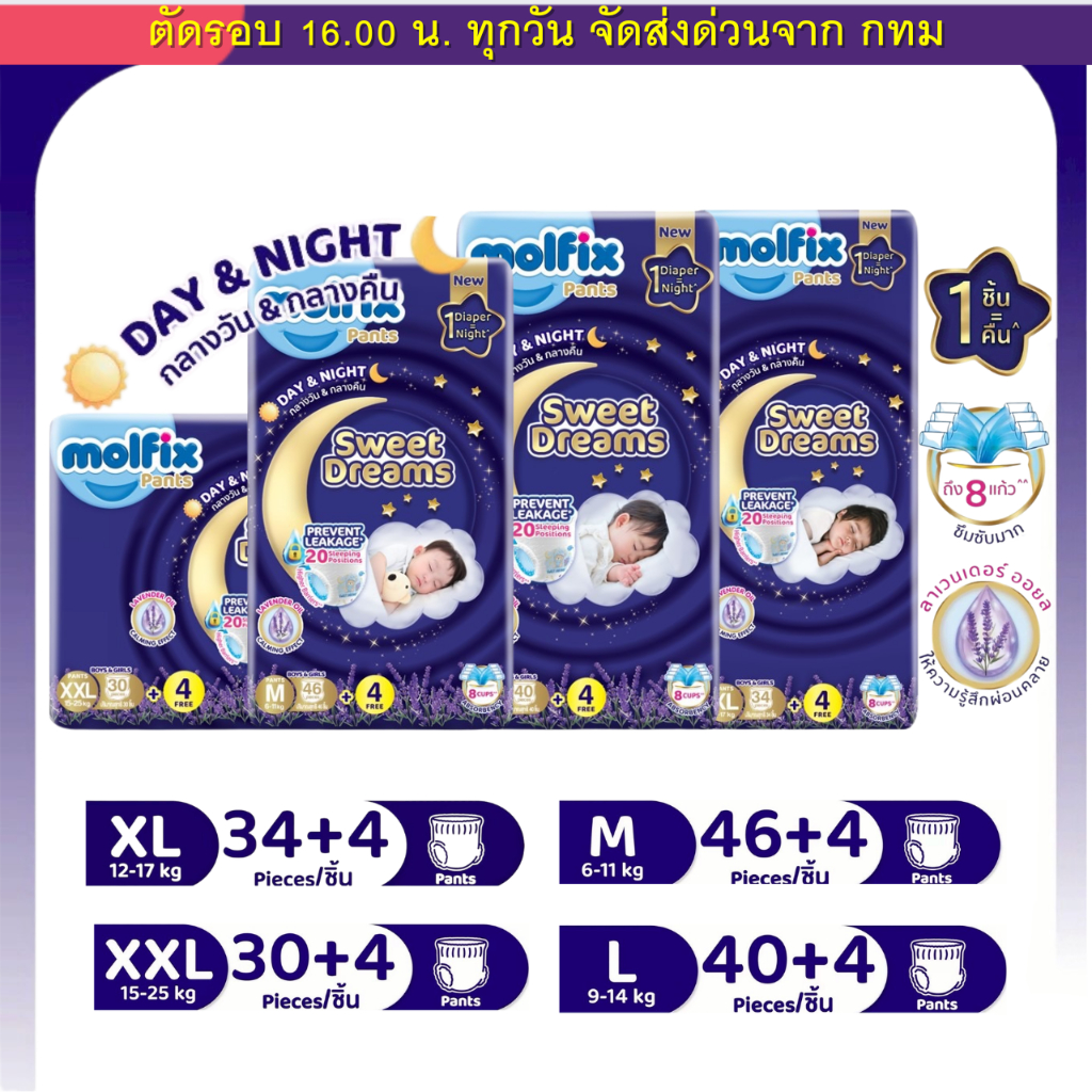 Molfix  ผ้าอ้อม กางเกง โมลฟิกซ์ ใหม่ Sweet Dreamsแพ้นส์ เดย์ & ไนท์