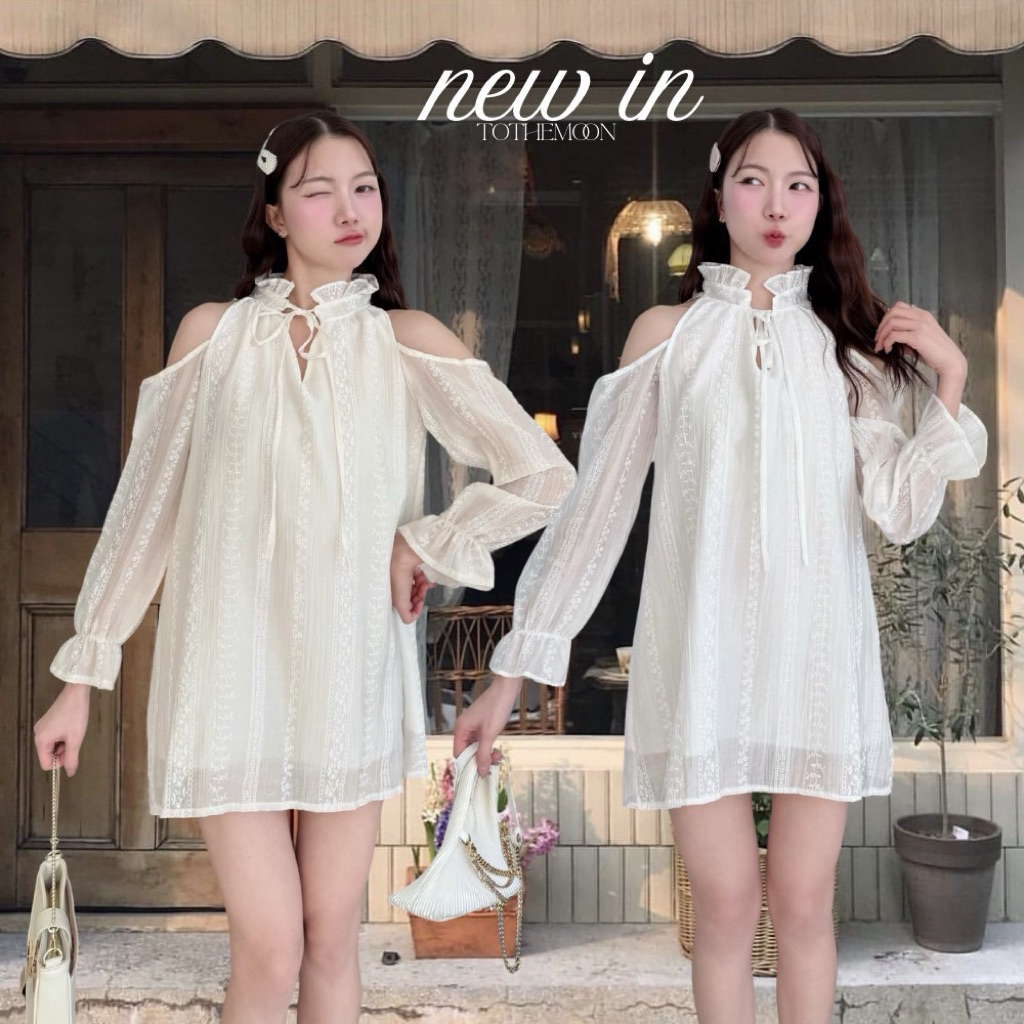 🌟Mamildya.shop🌟 มินิเดรสเว้าไหล่แขนยาว  มีระบายตรงคอผูกโบว์น่ารักมากๆ /S1-1 /TOT-เดรสเว้า