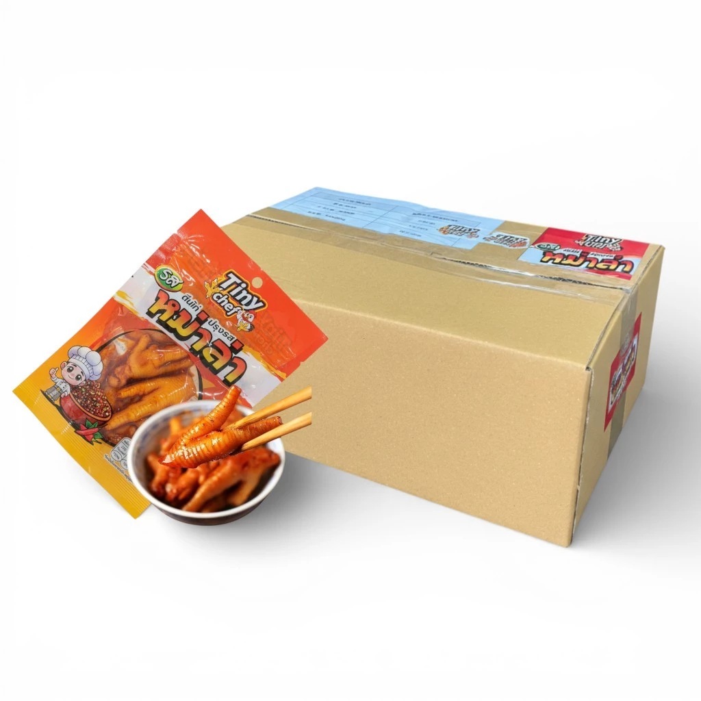 ตีนไก่ปรุงรสแซ่บหอมเครื่อง ปรุงรสถึงใจ สายแซ่บต้องลองมีให้เลือกหลากหลายตระกร้า(1 ลังมี 20 ห่อ)