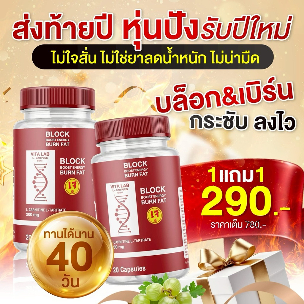 ผลิตภัณฑ์เสริมอาหาร VITA LAB L-CAR  PLUS BLOCK & BURN ตัวบล็อก และ เบิร์นไขมัน เร่งเผาผลาญ 1 กระปุก 20แคปซูล