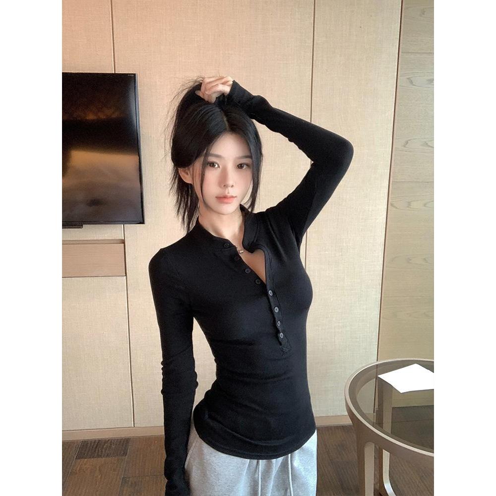 เสื้อยืดแขนยาวติดกระดุม สไตล์เรียบหรู มีดีไซน์ ทรงเข้ารูป รูปที่ 4