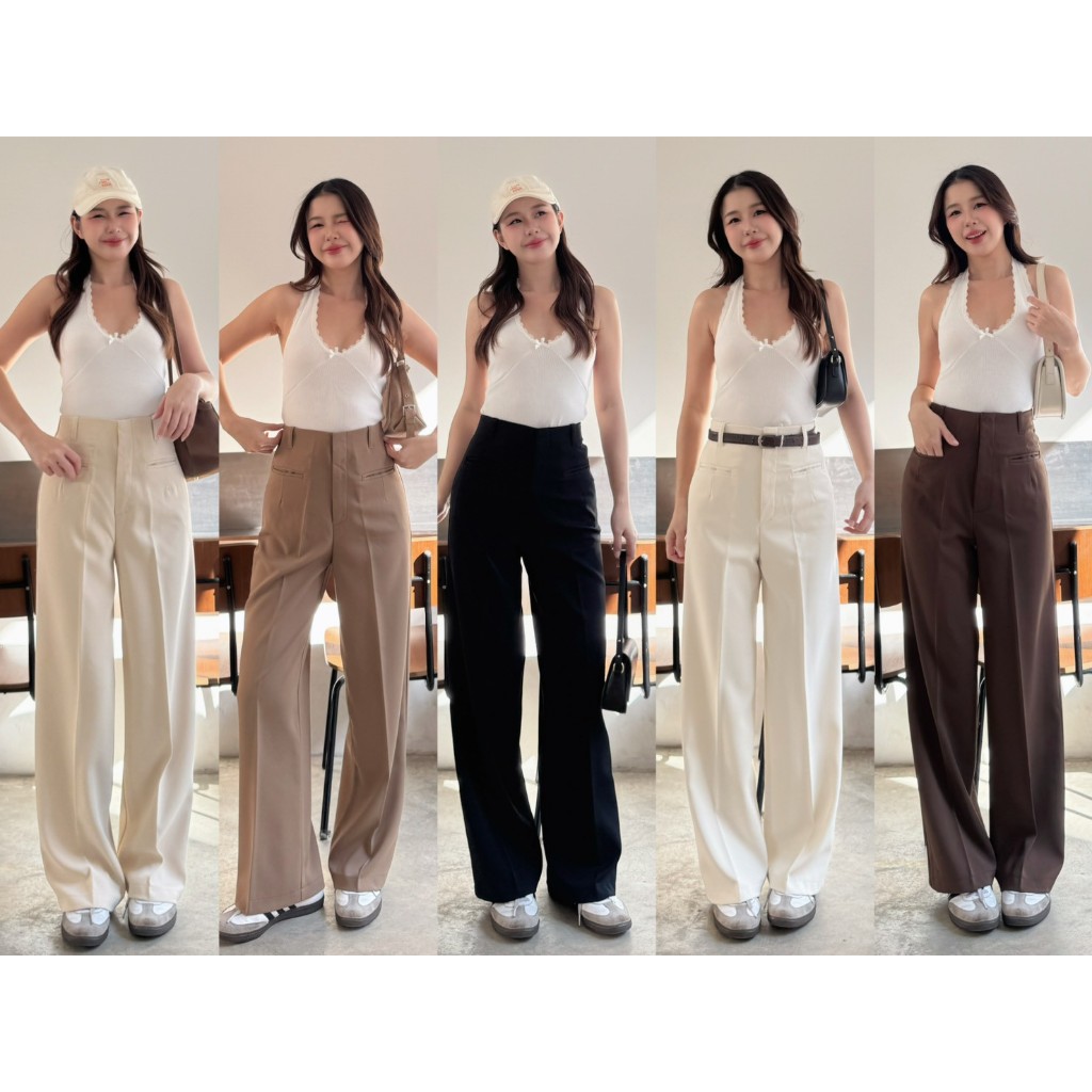 L0063 Beer&Oil กางเกงขายาวเอวสูงขากระบอก ผ้าลิลลี่ งานตะขอหน้ากระเป๋าเจาะ2ริม