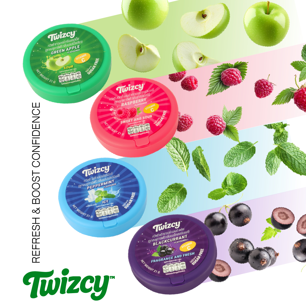 ( 4 ตลับ ) ลูกอม TWIZCY CANDY TABLET SUGAR FREE ลูกอม ทวิซซี 21G