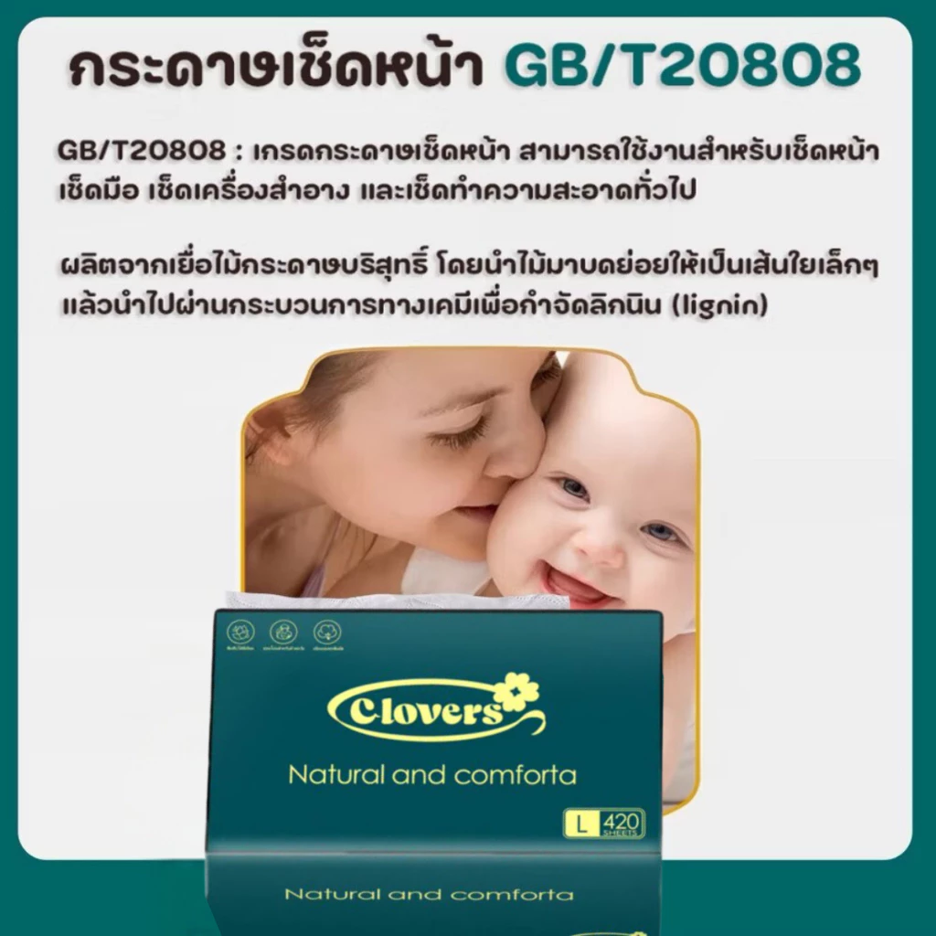 (21เเพ็ค) ทิชชู่เช็ดหน้า CLOVERS 21ห่อ หนานุ่ม ไร้ฝุ่นไม่เป็นขุย หนา4ชั้น เกรดGB/T20808 พร้อมส่ง thumbnail 4