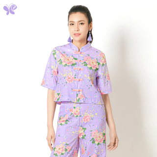 เสื้อครอปคอจีนผู้หญิง [Papillon] Relax Fit Mandarin Cropped Top - Peony พิมพ์ลายดอกโบตั๋นทรงหลวม ผ้าCotton100% เนื้อนุ่ม