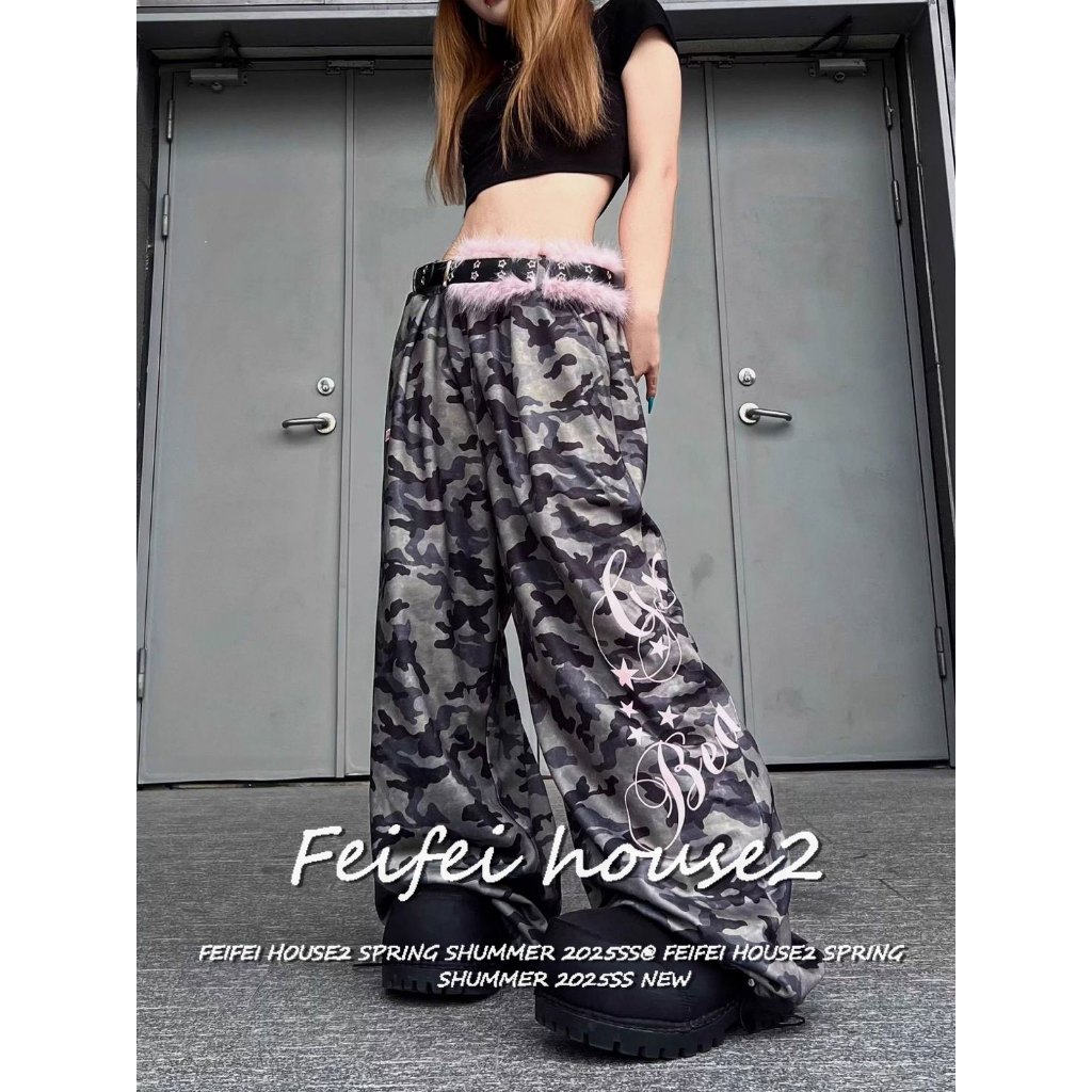 [American print camouflage trousers]ผู้หญิงตัวอักษรและดาวพิมพ์ลายรอยพับกางเกงขายาวทรงกว้างลายพราง