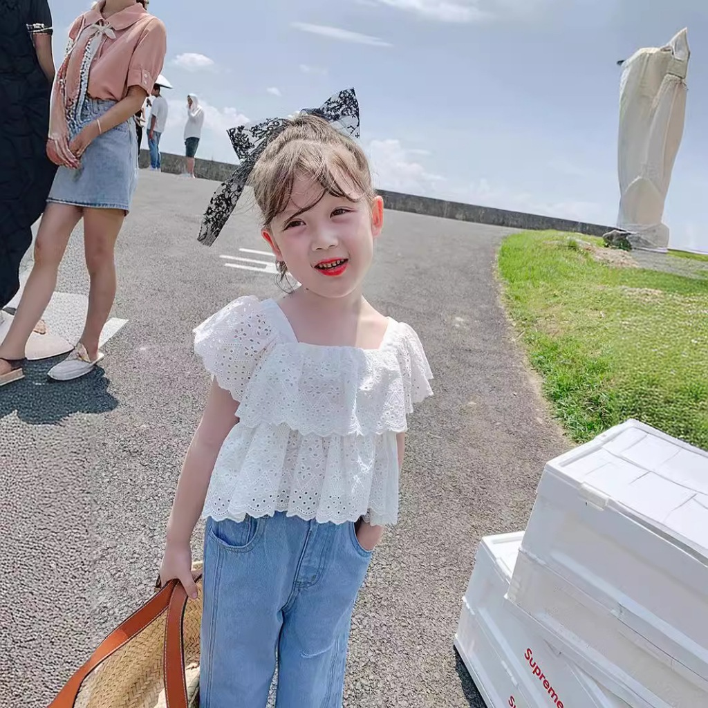 jqk ชุดเซ็ทแฟชั่นเด็กผู้หญิง เสื้อแขนสั้นลายฉลุ+กางเกงยีนส์ขายาว (สีขาว) รุ่น LL095 - รูปที่ 5