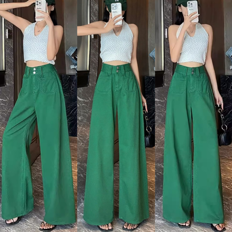 S~5XL Green Baggy jeans กางเกงลำลองขากว้างสีเขียวย้อนยุค Pocket-designed jeans กางเกงยีนส์ทรงตรงเอวสูงหลวมรุ่นใหม่ HOT
