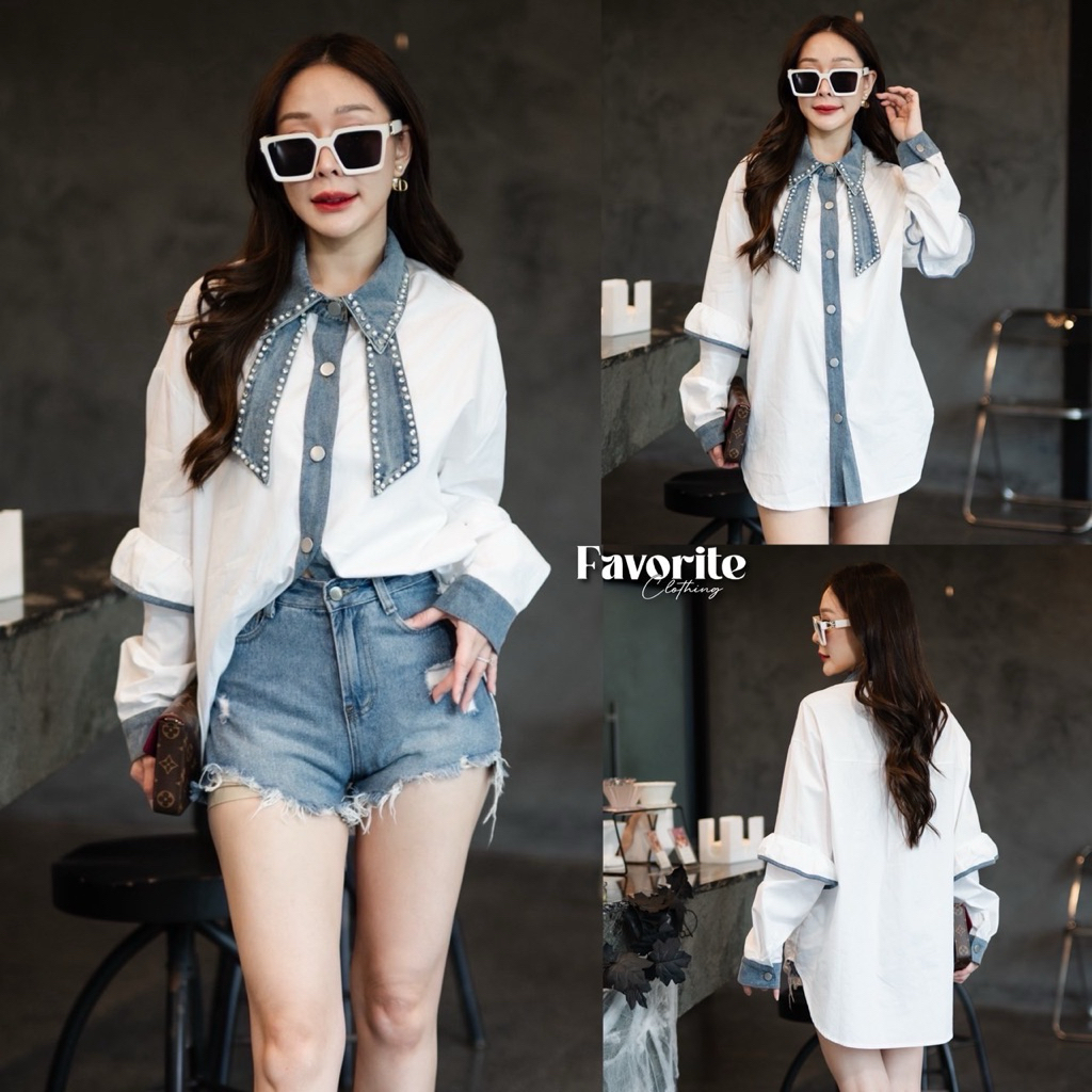 [ส่งเร็ว] Favorite เสื้อเชิ๊ตแขนยาว งานกระดุมหน้า ดีเทลตัดแต่งผ้ายีนส์