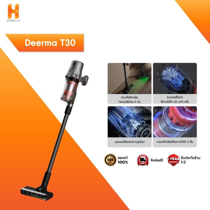 Deerma เครื่องดูดฝุ่นไร้สาย T30 ไฟส่องฝุ่น Vacuum Cleaner เครื่องดูดฝุ่นมือถือ 23kPa พกพาสะดวก