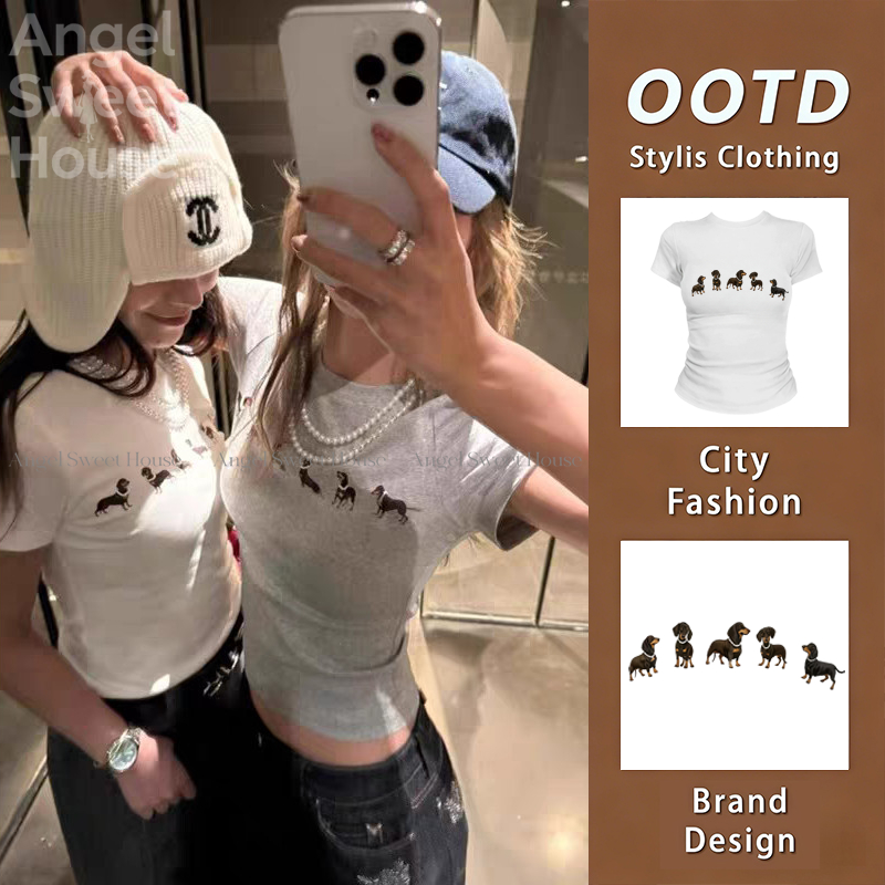 (จัดส่งตลอด 24 ชั่วโมง）เสื้อยืดสั้นแขนกุดสไตล์สาวอเมริกันสีเทาแบบพอดีตัวลายดอกไม้เด้กซ์สำหรับผู้หญิงที่ยืดหยุ่นได้ดี