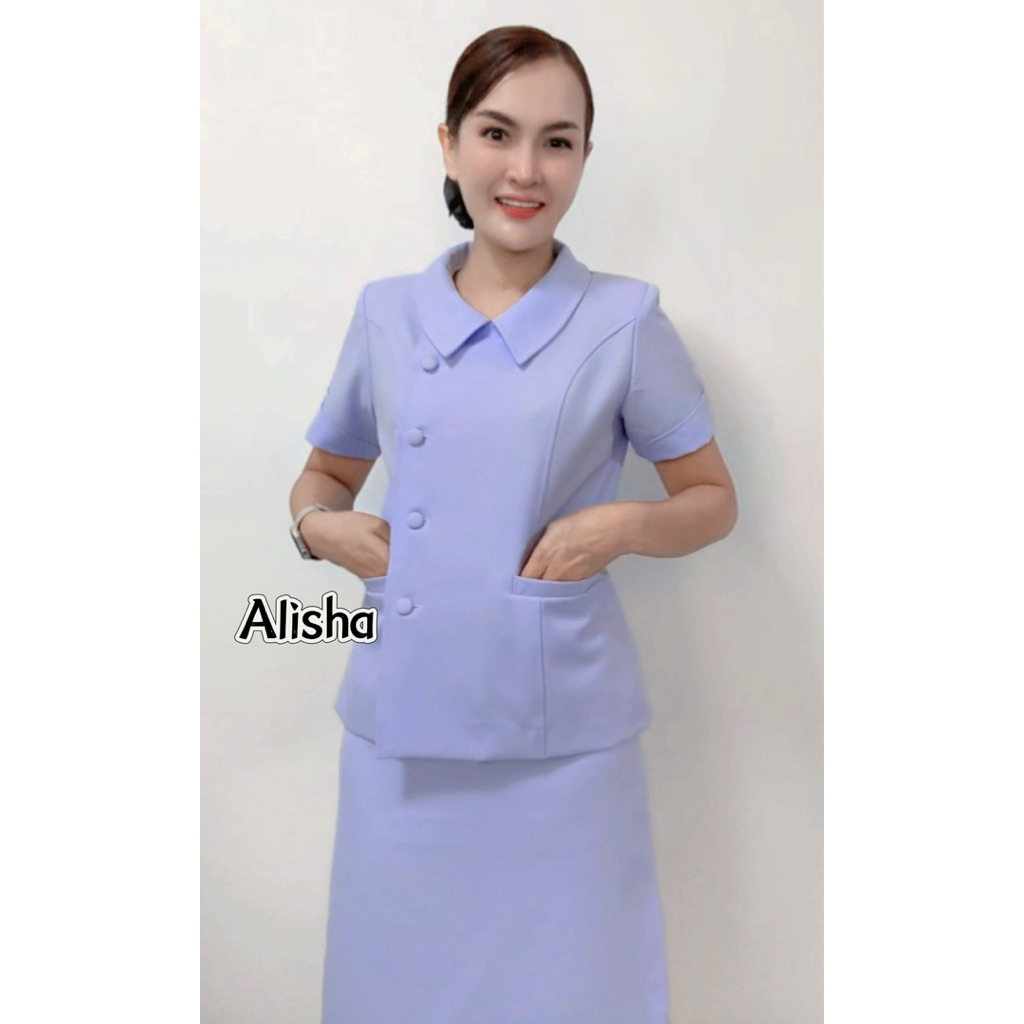 เสื้อพยาบาลคอบัวแหลมป้ายกระดุมปั้ม