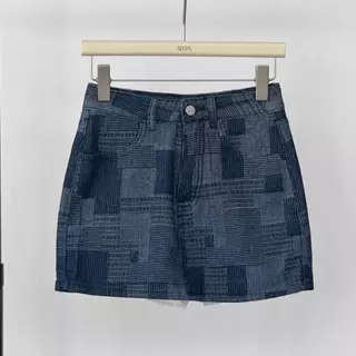 Atipashop - Ligne Denim Skirt (#ATP601) กระโปรงสั้นยีนส์ลายสก็อตตาราง
