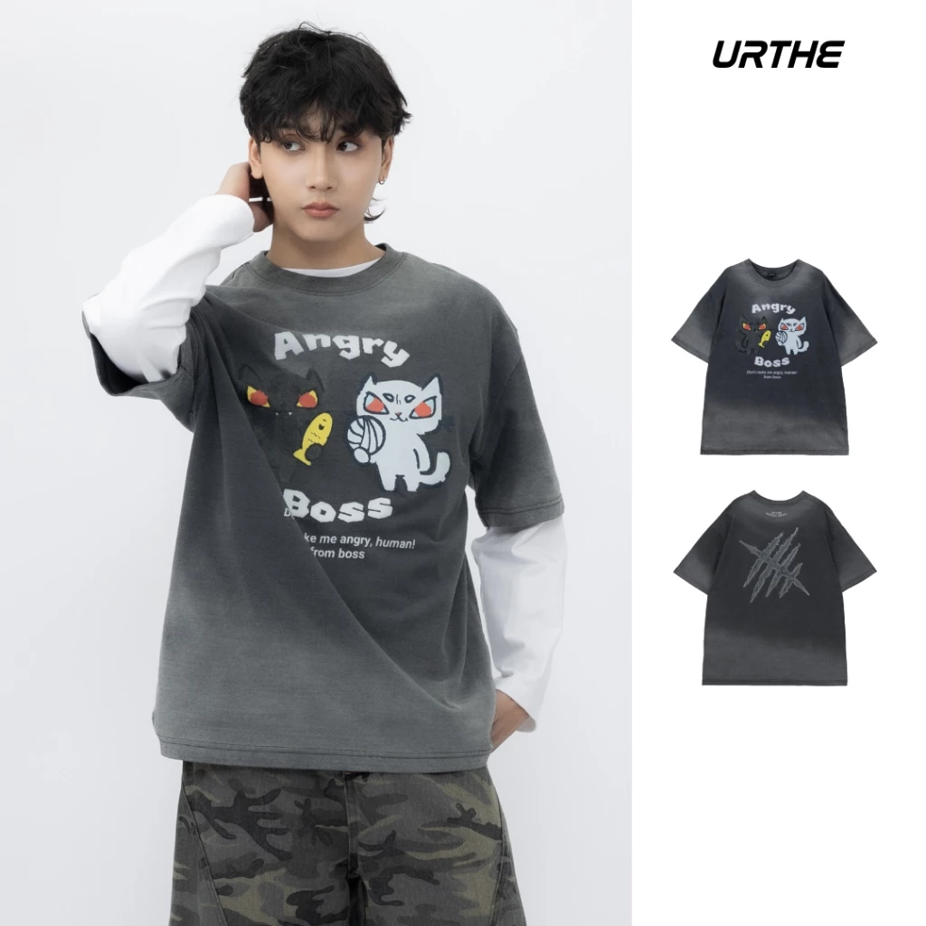 URTHE - เสื้อยืด Oversize รุ่น ANGRY BOSS FADED T-SHIRT (SUPER BOSS Series)