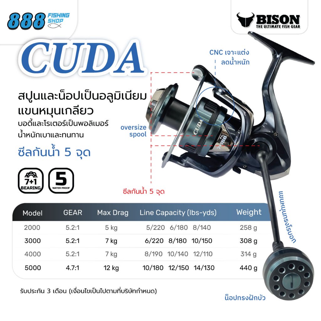 รอก BISON รุ่น CUDA รอกสปินนิ่ง ระบบลูกปืน 7+1 BB  ซีลกันน้ำ 5 จุด สำหรับน้ำจืดและน้ำเค็ม