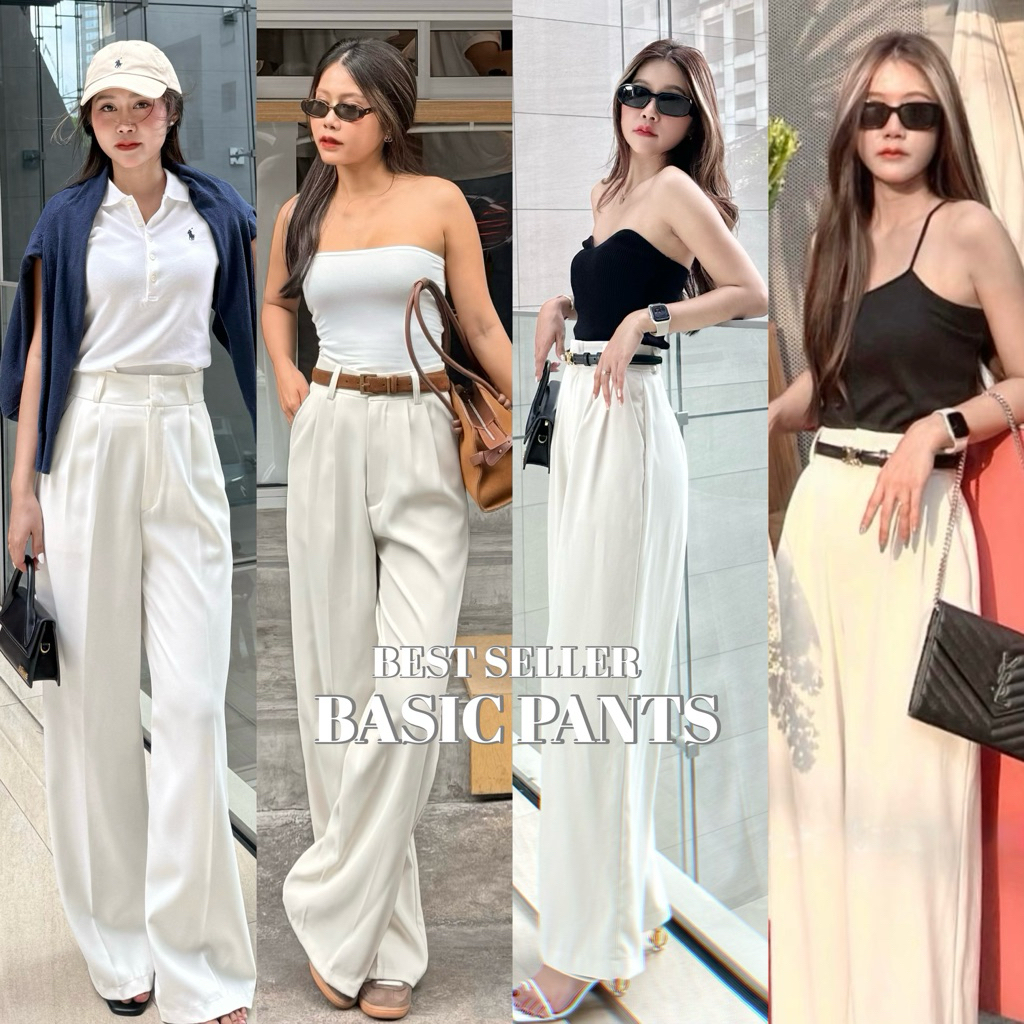 BASIC PANTS08:(Best Seller)ผ้าพริ้วทิ้งตัวทรงพรางหุ่นกางเกงเอวสูงขากระบอกใหญ่เหมาะสำหรับสาวเอวเล็กสะโพกใหญ่(S-3XL)ยาว41“
